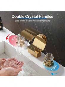 Lavandino del bagno, rubinetto per vasca, lavabo a cascata, piano di lavoro in ottone, doppia maniglia in cristallo, miscelatore per acqua calda e fredda