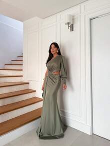Long Bridesmaid Dress With Mermaid Sleeves, Open At The Waist, Wedding Party Birthday Party Graduation Party Cocktail Formal And Evening Wedding Guest Prom - Màu xanh Ô liu - Xem 3