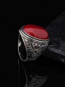 1枚18K镀金高品质男女通用不锈钢红色合成红宝石戒指 - 紅色 - 查看 2