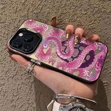 Chinese Style -2025 Year Of The Snake Phone Case With Pink Xiangyun Snake Pattern, Suitable For IPhone 16ProMax 16Pro 16Plus 16 15ProMax 15Pro 15Plus 15 14ProMax 14Pro 14Plus 14 13ProMax 13Pro 13 12ProMax 12Pro 12 11ProMax 11Pro 11 X Xs Xr XsMax, Fashionable Shock-Absorbing Phone Case - 銀色 - 查看 3