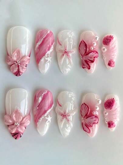 24Pcs Ocean Vacation Style Almond 3D Gel Starfish Red Flower White French Tip Press On Nails, Fit Perfectly Acrylic False Nail Set, Contain 1Pc Jelly Glue And 1Pc Nail File, Summer Nails Nails For Women And Girls To Diy Daily Work Study And Party Use Nail Supplies Nails