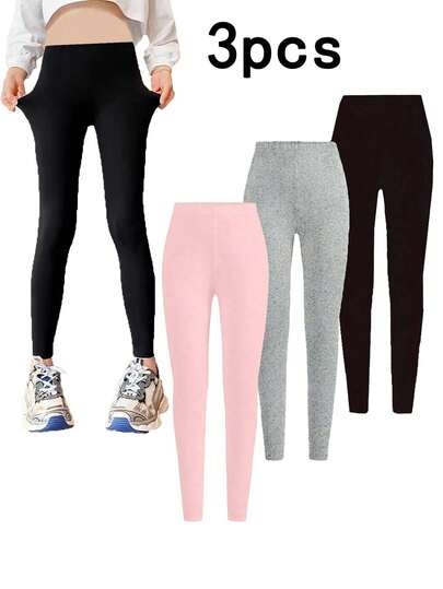 Set de 3 leggings casuales de unicolor para niñas, de punto elástico suave y cómodo, en combinación de varios colores, con estilo casual y deportivo, adecuados para actividades al aire libre, baile, yoga, ciclismo, correr, reuniones, fiestas y uso diario en primavera, verano, otoño e invierno