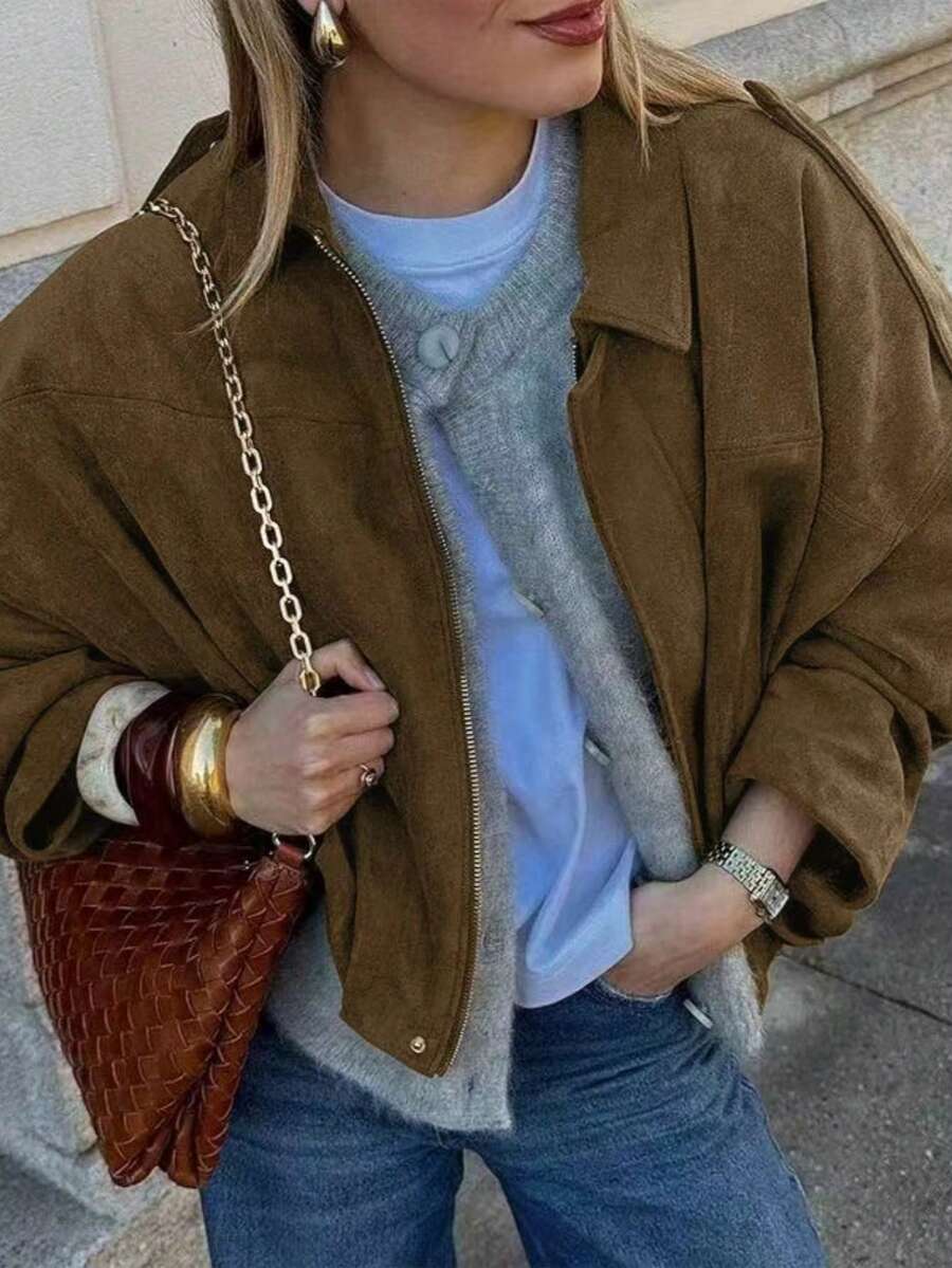 Women Casual Street Fashion Turndown Collar Jacket Vintage Long Sleeve Zipper Loose Coat - Brown - View 1