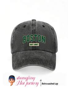 1pc "BOSTON" Printed Washed Baseball Cap, Classic Stylish Soft Sweatband Adjustable Size Lightweight Sun Protection Versatile Classic Cap, Suitable For Outdoor Sports, Football Games, Daily Wear, Party, Vacation, Perfect Gift For Friends And Family, Unisex