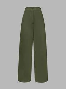 ANCHOSE Damen Casual einfarbige Hose mit hoher Taille, Taschenentwurf, weite Passform, Frühling - Armeegrün - Übersicht 2