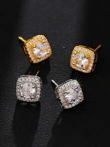 2pcs Cubic Zirconia Square Stud Earrings, Fashionable Luxury Personalized High-End Unisex Earrings For Daily Wear