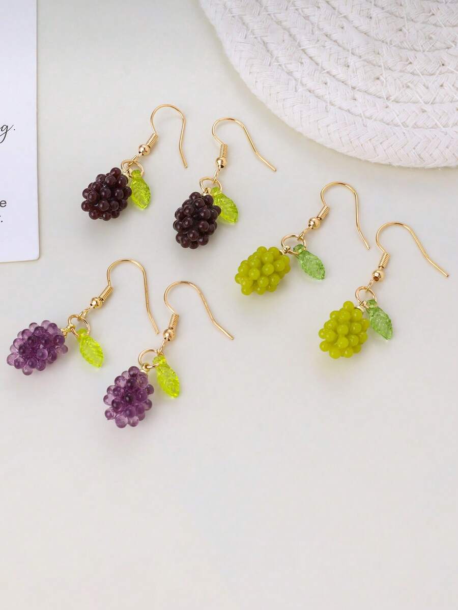 1 Pair Cute Resin Green And Purple Grape Fruit Design Clip-On Earrings, Fresh Summer Style, Great Gift For Her, Suitable For Daily Wear