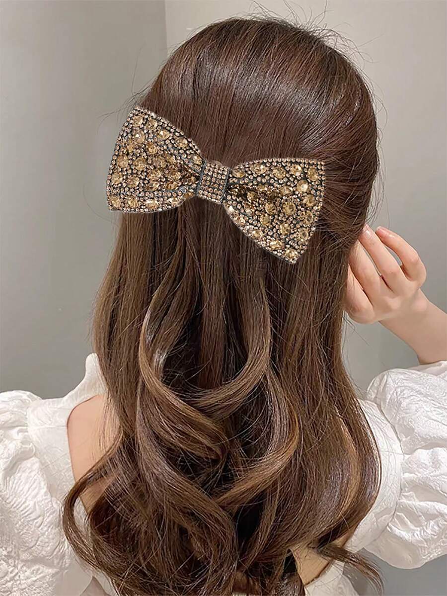 1个水钻蝴蝶结发夹，适合女士日常发型装饰，秋季时尚，法式发夹，发爪夹，发夹，发卡，发夹，蝴蝶结，可爱，头部配饰，派对，女士发饰 - 香檳色 - 查看 1