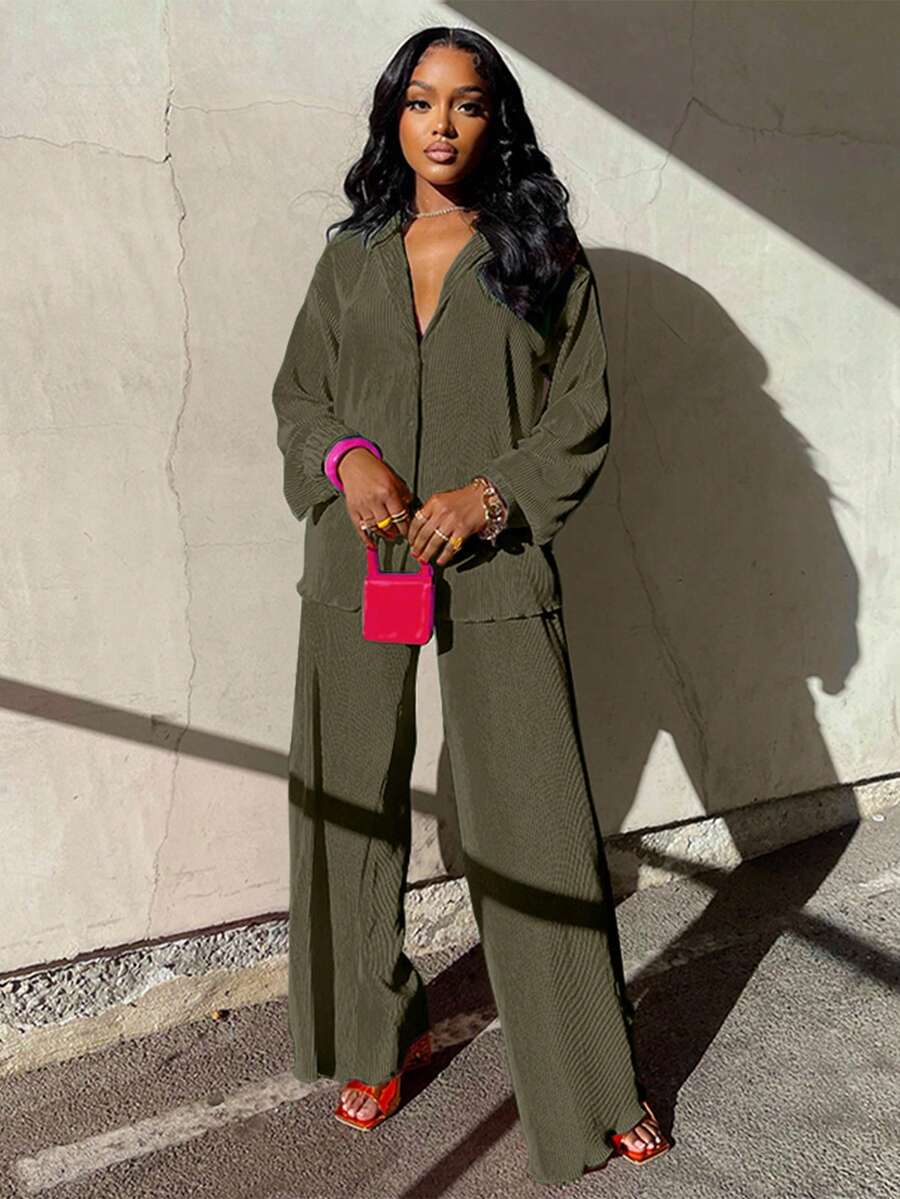2pcs Women's Fashionable Pleated Shirt And Comfortable Wide-Leg Pants Set, Casual, Ladies Spring/Fall Casual Pocket, Zipper Long Sleeve Loose Blouse Pants Women Two-Piece Outfits, Casual Daily Wear - Olive Green - View 1