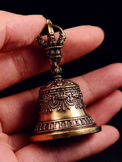 1 件优雅复古青铜手铃 - 带装饰图案的复杂金属风铃，钥匙车按钮工艺，家居和办公室装饰的理想礼物，无需电力，办公室装饰|艺术铃铛|铜绿饰面