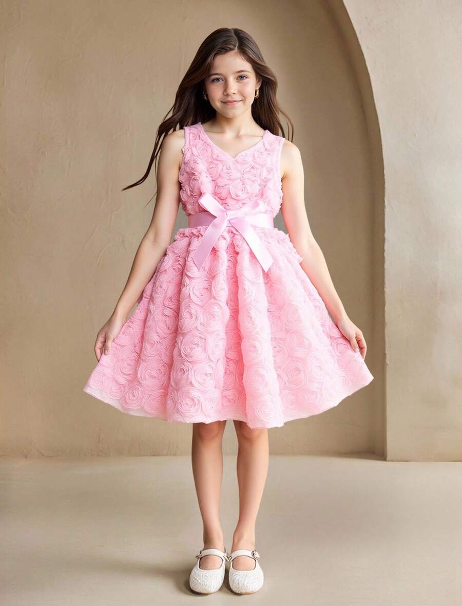 SHEIN Tween Mädchen-Kleid mit V-Ausschnitt, ärmellos, mit 3D-Blumen-Dekor - Pink - Übersicht 1