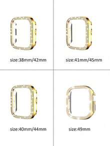 2 piezas/set correas de acero inoxidable + funda compatible con Apple Watch. Acero macizo de 14 mm. Compatible con Apple Watch de mujer, correa estrecha dorada. Compatible con Apple Watch de 38/40/41/42/44/45/49 mm y Apple Watch Ultra2/1/Se/9/8/7/6/5/4/3/2/1. Correa de metal + funda protectora ahuecada con doble hilera de diamantes de imitación brillantes. Cómoda, impermeable y moderna.