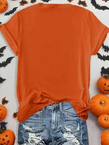 Nightmare Before Christmas, Halloween Clothes, Women Halloween Costumes, Women Halloween Costumes, Women Halloween Costumes, Halloween T-Shirt Autumn Ghost Pattern Women Casual Round Neck Short Sleeve T-Shirt - Orange - View 2