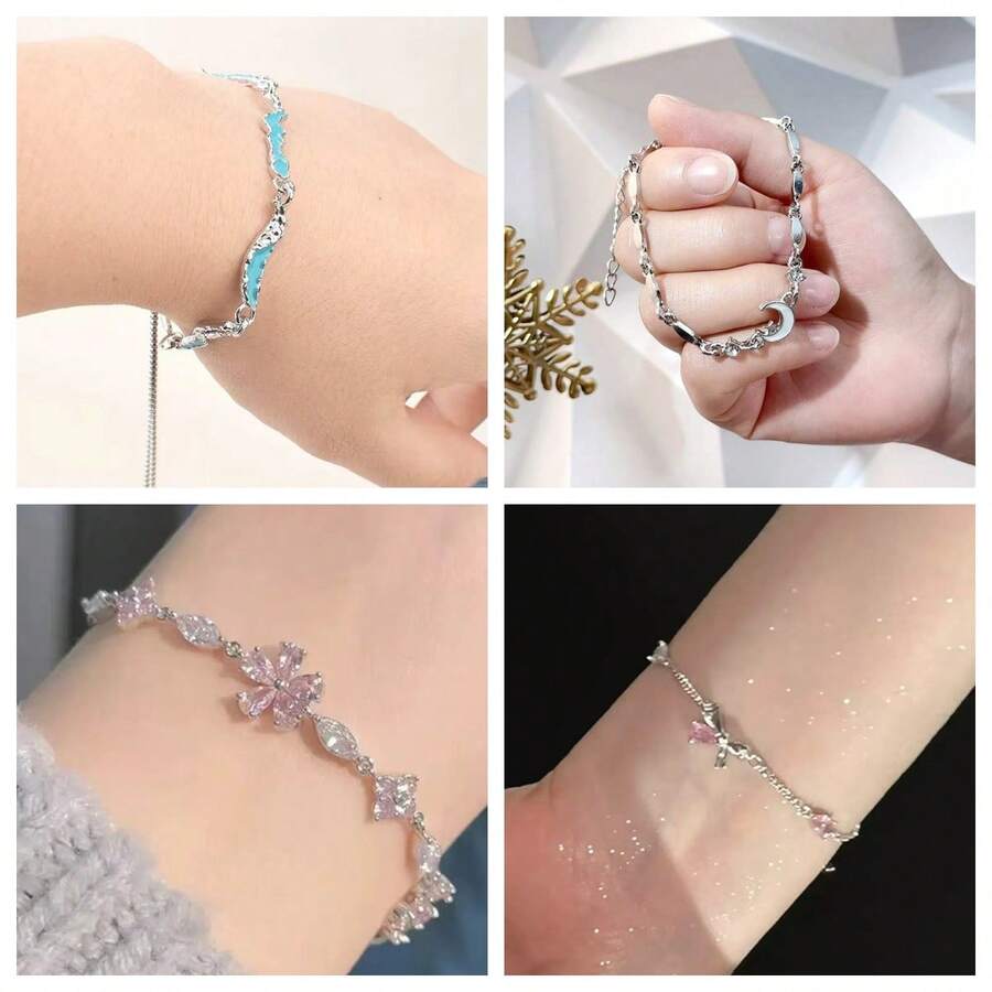 4 件装优雅水晶花朵手链 女士 Y2K 甜美女孩月亮樱花蝴蝶结方晶锆石手链奢华设计师珠宝礼物