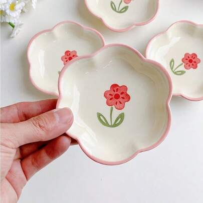 4 件/1 件可爱粉色花朵陶瓷蘸酱碟、饺子和火锅盘、酱油、芥末、番茄酱调味碟，适用于厨房、餐厅、酒店