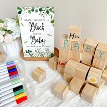 43 pièces Ensemble de jeu pour Baby Shower, Idées uniques pour Baby Shower, comprenant 30 blocs en bois vierges DIY, 12 marqueurs et 1 panneau de jeu "Décore un bloc" pour la fête de révélation du sexe du bébé