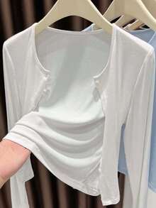 1 件女式不对称纽扣针织开衫，长袖轻质披肩领外套，黑色/白色/灰色/粉色 - 羅紋披肩 - 查看 9