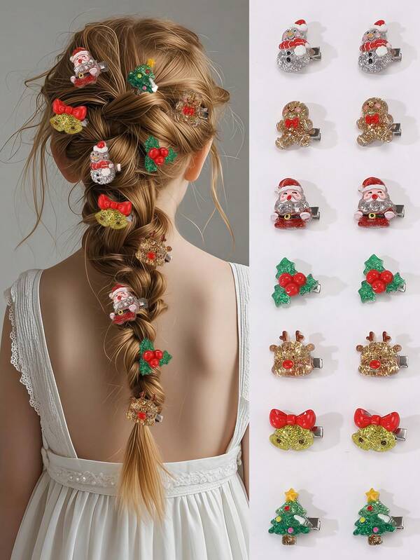 14pcs/Set Girls Christmas Tree, Santa Claus, Reindeer Hair Clip Set
