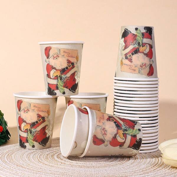 10pcs/20pcs/40pcs,Christmas Vintage Santa Claus Disposable Paper Cup Disposable Coffee Cup Christmas Cute Design Suitable For Hot And Cold Drinks Tea Coffee Bar Supplies Winter (Cute, 9 Oz)