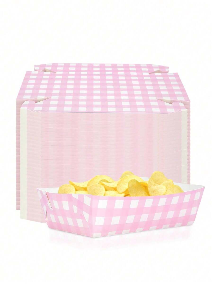 10pcs/20pcs/50pcs Sage Green Gingham Party Supplies Sage Green Gingham Paper Food Trays Green And White Nacho Boat Trays Plates Snack Holder Table Decorations Snack Holder For Camping Spring Birthday Party Babe Shower Bridal Wedding Supplies - Pink - View 1