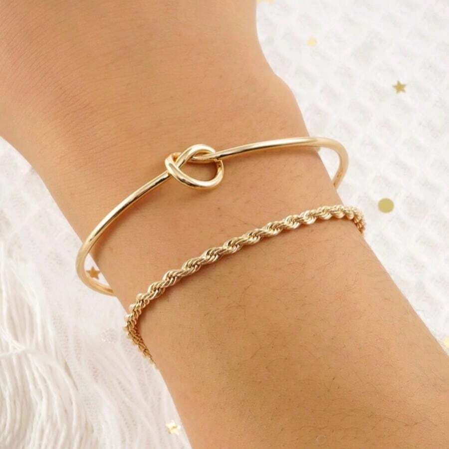 Kit 2 Luxury Women's Bracelets: Chain Bracelet + Heart Knot Bracelet - 金色 - 查看 1