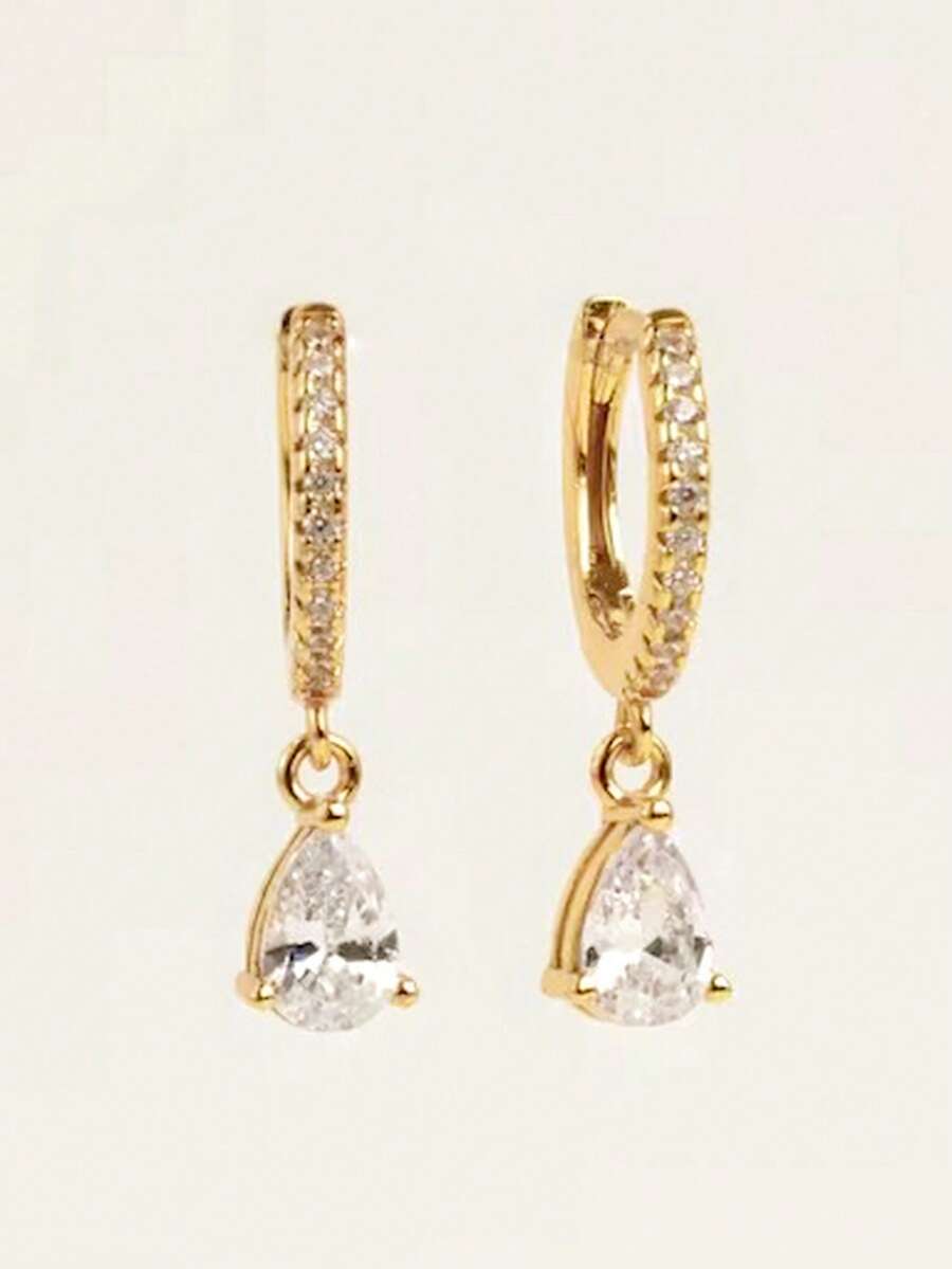 1 Đôi bông tai hình giọt nước đính đá Cubic Zirconia, thời trang dành cho tuổi teen, phù hợp cho các bạn nữ đeo hàng ngày, có thể dùng làm quà tặng hoặc trang trí. - Vàng - Xem 1