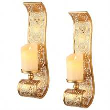 Wall Candle Sconce Set Of 2Gold Metal Wall Mount Candle HolderSpanish Baroque Hollow Carving WallMounting Sconces For Living Room Bathroom Dining Areas Hallways Decorations - 金色 - 查看 1