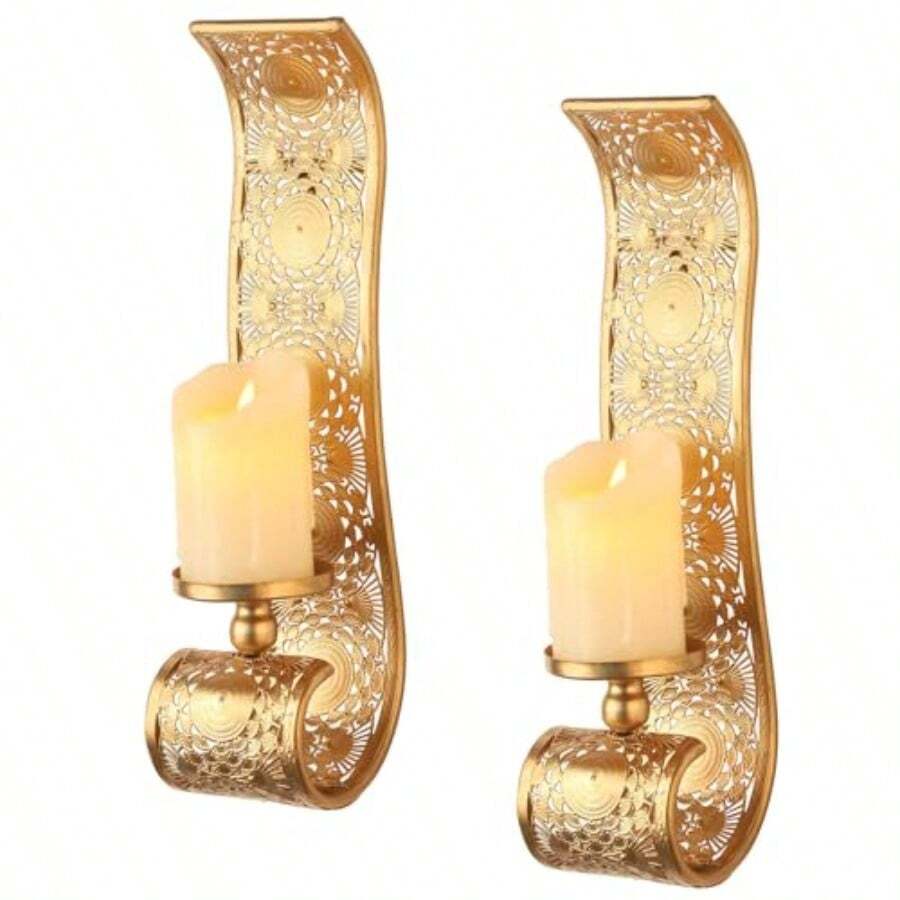 Wall Candle Sconce Set Of 2Gold Metal Wall Mount Candle HolderSpanish Baroque Hollow Carving WallMounting Sconces For Living Room Bathroom Dining Areas Hallways Decorations - 金色 - 查看 1