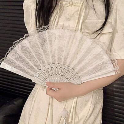 复古黑色洛丽塔汉服旗袍风格折扇，小手提包扇，吊扇，女士派对礼物，生日，婚礼，狂欢配饰，排舞，伴娘礼物，节日配饰