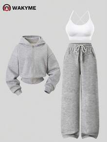 WAKYME 3pcs Women's Casual Sports Set - Cropped Zip-Up Hoodie + Criss-Cross Sports Bra + High-Waisted Wide Leg Pants, Light Gray & White, Fashionable Daily Wear - Multicolor - View 4