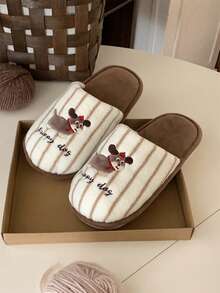 XIXITIAO 1 双长耳小狗图案拖鞋,男女通用秋冬防滑保暖毛绒鞋,可爱宠物图案时尚软底室内家居拖鞋,适合居家、派对 - 棕色 - 查看 2