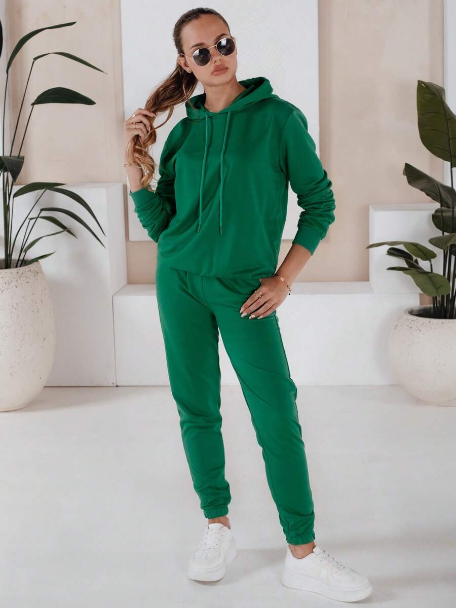 Women's Two-Piece Tracksuit Set With A Hoodie And Pants With Cuffs. Casual Basic Tracksuit With Pockets For Comfortable Everyday Wear, Perfect For Both Daily Urban Looks And Sports Activities. - Green - View 1