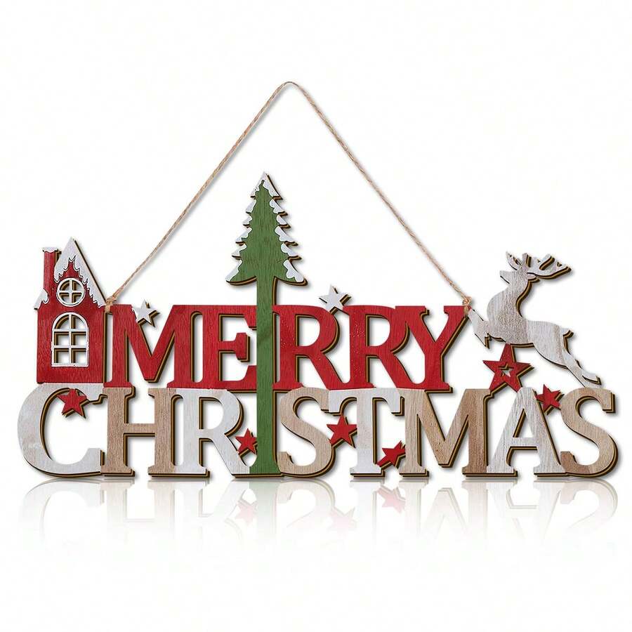 1 Piece Christmas Wooden Decoration Hanging Ornaments Happy Christmas Letter Wooden Sign, House Christmas Tree And Elk Creative Decoration Sign, Suitable For Christmas Front Door Decoration Holiday Party Decoration Hanging Ornaments Home Decor Christmas Decorations Room Decor