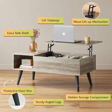 Coffee Table For Living Room, Lift Top Coffee Table With Storage, Small Rising Wooden Dining Center Table With Storage Shelf & Hidden Compartment - Greece - View 3