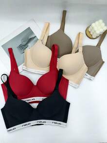 4-Pack Women's Underwear Bra Solid Color Thin Style Big Chest Small No Steel Ring Seamless Underwear Women's Letter Breathable Lifting And Gathering Side Breast Anti-Sagging Adjustment Bra Women - 彩色 - 查看 3