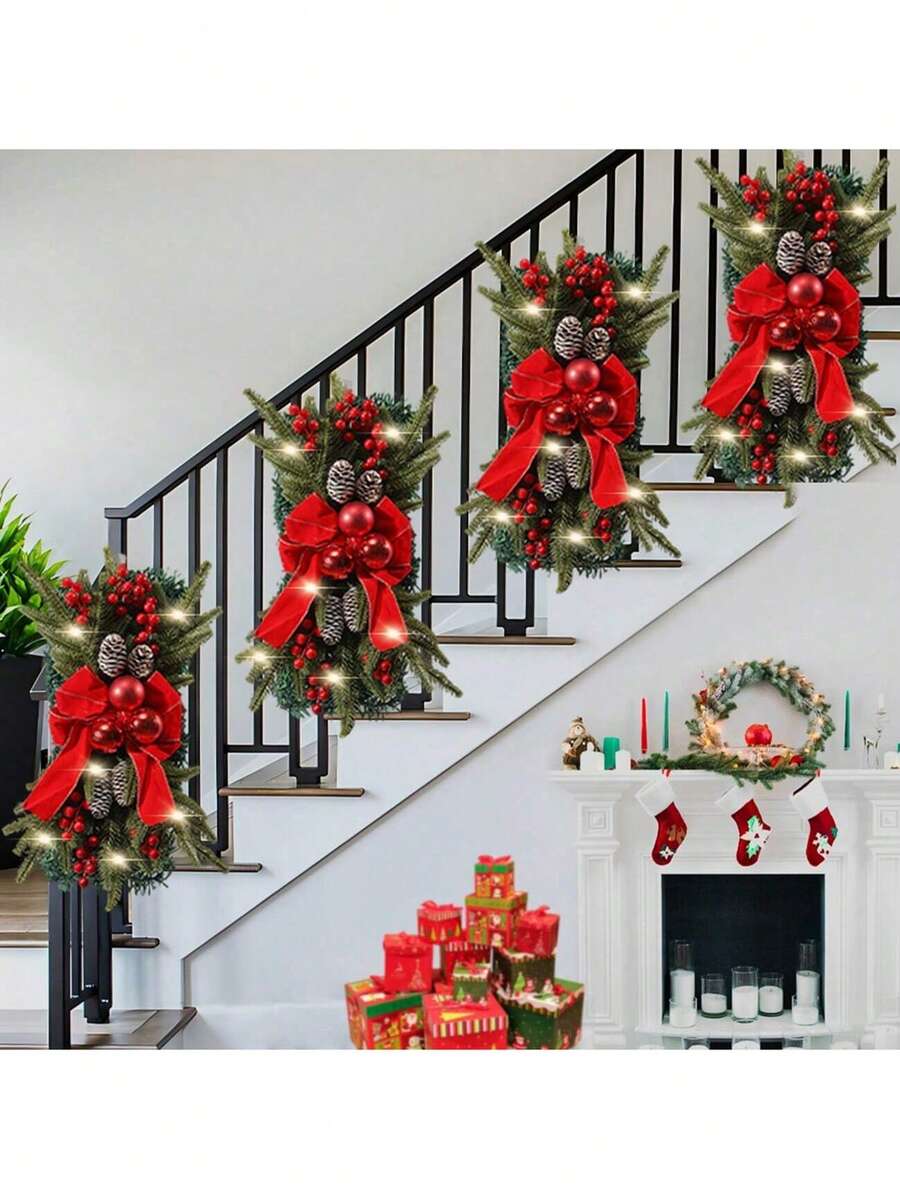 Christmas Wreath Hanging Led Stairs Red Gold Rattan Bow Wreath Pine Cone Decoration Door Hanging Christmas Thanksgiving Party Decor Outdoor Decor XMAS HOHOHO Christmas Partylights Lamp Night Light Led Light Home Decor Christmas Decorations Room Decor Winter