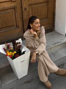 Conjunto informal de punto VIBEWAVE para Año Nuevo, suéter de manga larga con cuello vuelto y media cremallera, y pantalones de pierna ancha de cintura alta, 2 piezas