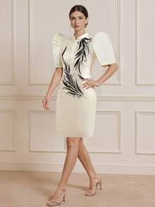 Amyenjoylife 现代菲律宾传统服饰连衣裙，优雅蝴蝶袖菲律宾传统服饰，女士优雅气质印花泡泡袖衬衫裙，现代菲律宾传统服饰，香槟色连衣裙 - 香檳色 - 查看 5