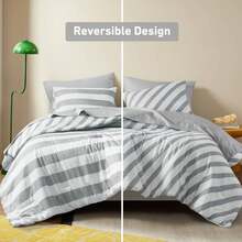 Fluffy 2/3/5/7 Pieces Stripe Textured Print Comforter Set, 200 Gsm Lightweight & Breathable Bedding Sets, All Season Home Textile Fits Modern Bedroom Decor, Halloween Christmas Thanks Giving Gifts - Xám - Xem 6