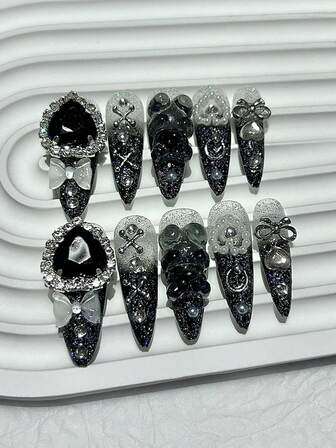 10 片黑色渐变熊水钻手工按压指甲蝴蝶结 Y2k Spicy Girl 奢华假指甲可拆卸可重复使用指甲用品（1 张果冻贴纸+1 个指甲锉）