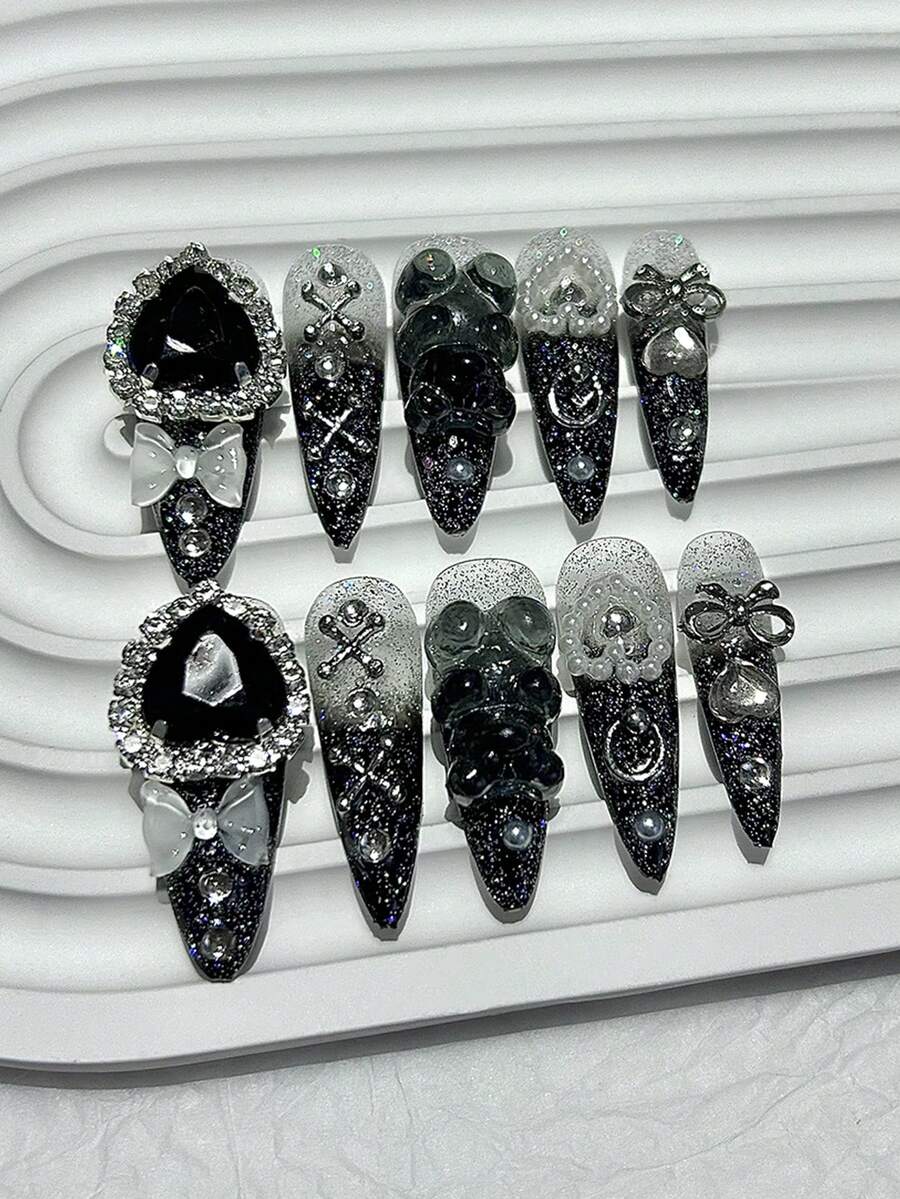 10pcs Black Ombre Bear Rhinestone Nail Stickers, Y2K Girly Luxury Reusable Press-On Nails, Comes With 1pc Jelly Sticker And 1pc Nail File - Black - View 1