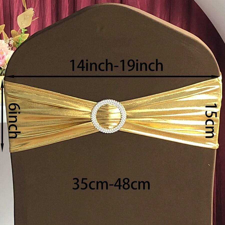 50 Pcs Foil Print Fabric Metallic Gold Stretch Chair Covers Sashes, Elastic Bands, Lycra Chair Bows, Spandex Ribbon – Featuring Durable Workmanship. These Spandex Fitted Bows Are Ideal For Wedding, Birthday, Graduation, Christmas, Bridal Shower, Party, Meeting, And Engagement Table Cloth Backdrops, Carpets, And Flower Decoration. - 金的 - 查看 1