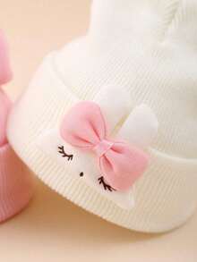 2 件儿童兔子卡通针织帽，保暖滑雪帽，秋冬翻边针织绒球帽，适合男孩和女孩 - 2PC - 查看 3