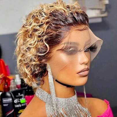 Pixie Cut Wigs Human Hair Short Curly Lace Front Human Hair Wigs For Women Brazilian Water Wave Bob Wig 13x1 Transparent Lace Wigs Halloween Costumes