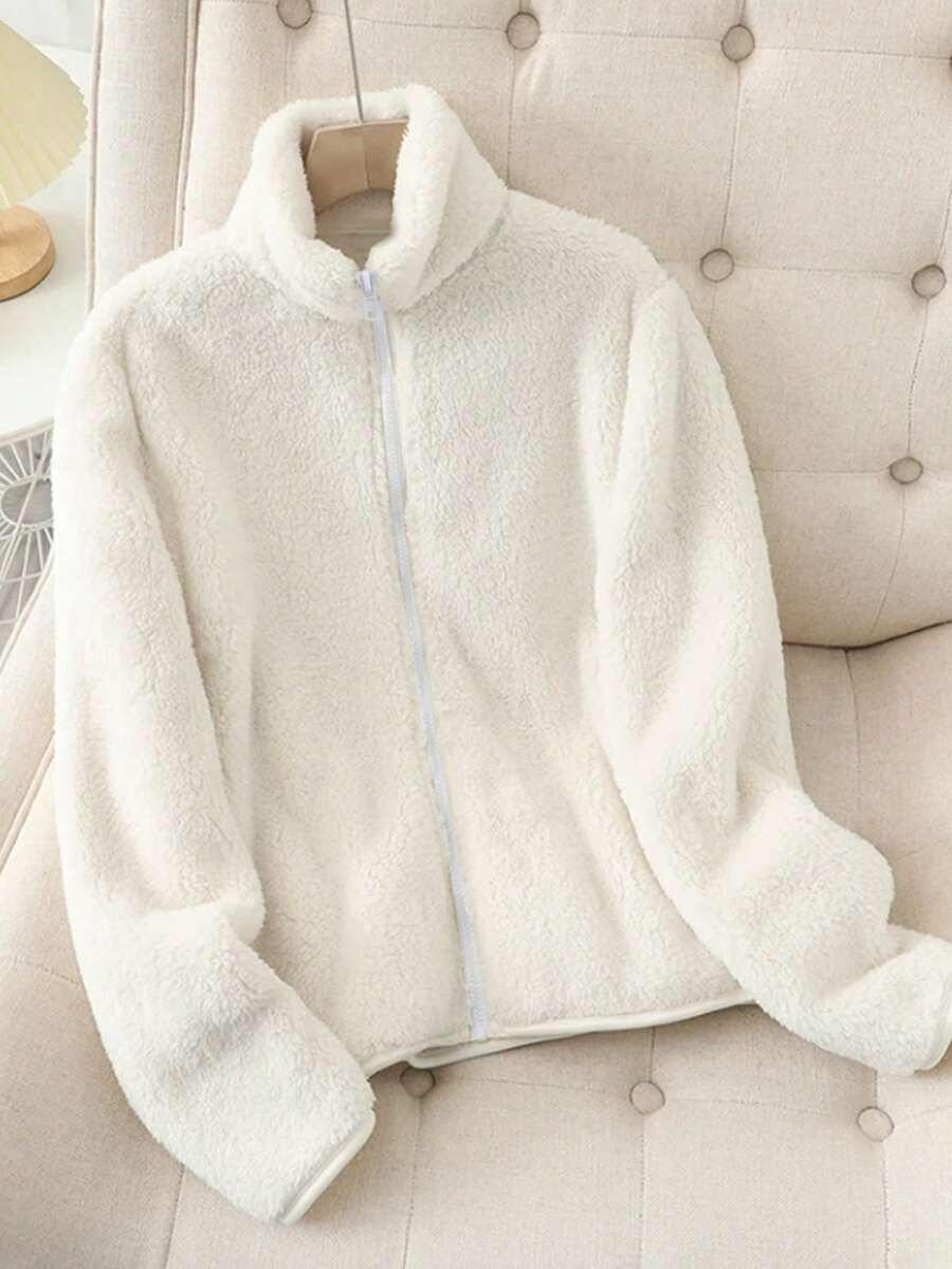 Women's Solid Color Thick Warm Double-Sided Fleece Zip-Up Jacket, Winter - White - View 1