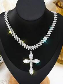 1pc Luxury Fully Rhinestone Zirconia Cross Necklace