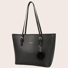 Bolso de mano/tote de gran capacidad minimalista de unicolor y versátil - Negro - Ver 5