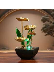 创意三层瀑布喷泉室内桌面水景，禅意莲花设计，适用于卧室电视柜、办公桌家居装饰摆件 - 金色 - 查看 6