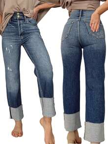 Women's High-Waisted Stretch Slim-Fit Straight-Leg Jeans With Cuffed Design, Elegant Blue Denim Pants Suitable For Commuting, Travel, Streetwear And All Seasons - Blue - View 1