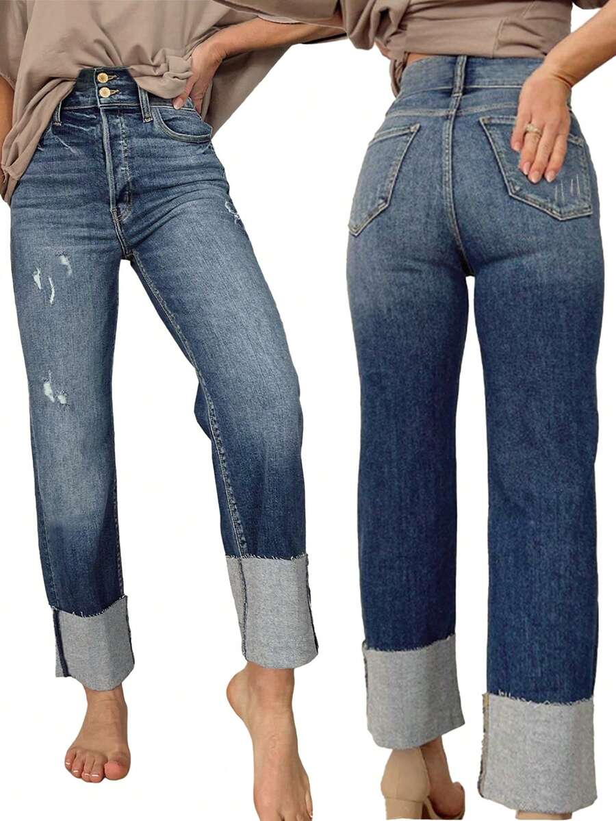 Women's High-Waisted Stretch Slim-Fit Straight-Leg Jeans With Cuffed Design, Elegant Blue Denim Pants Suitable For Commuting, Travel, Streetwear And All Seasons - Blue - View 1